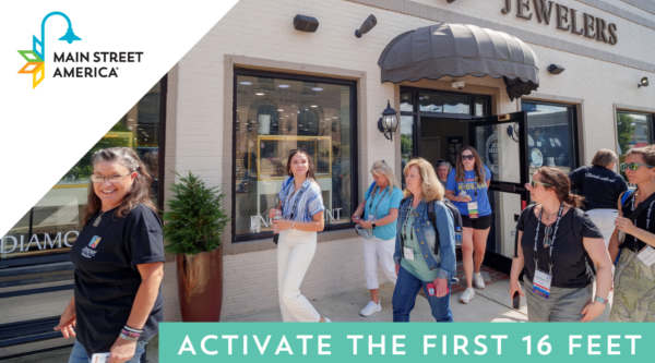 A group of people walk past a jewelry store. Overlaid text reads "Activate the First 16 Feet"