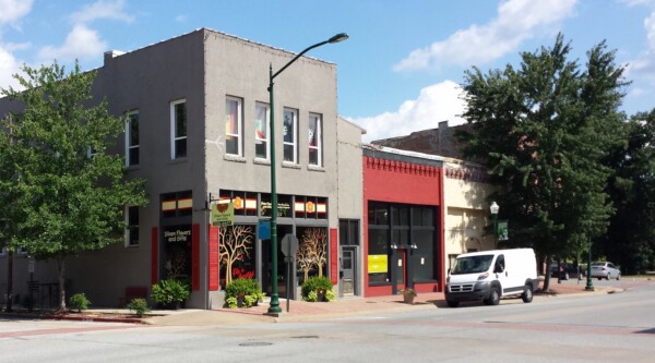 Downtown Siloam Springs, Arkansas. Historic buildings along Main Street.