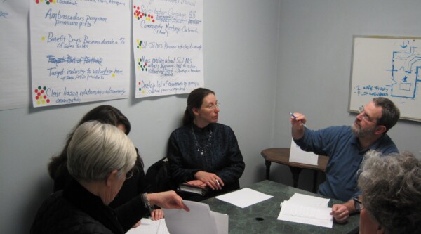 Work planning session in St Johns. Five people sit around a table looking at notes on the table and taped up on the wall.