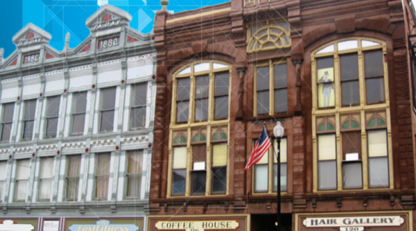 Historic buildings with a blue background