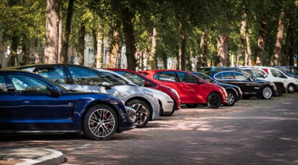 A row of cars parked on a shaded, tree-lined street