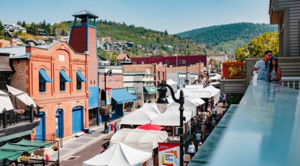 Ariel view of a downtown street during a street festival