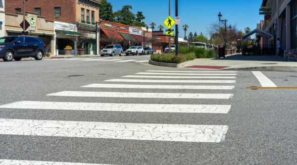 Downtown crosswalk with nearby historic buildings