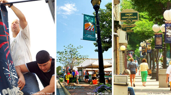 Set of three photos featuring street signs in downtowns.