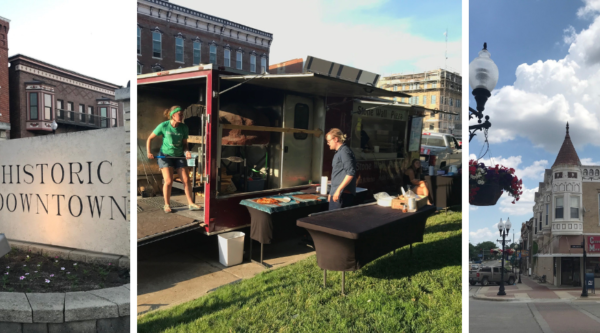 Historic Downtown hotel; food truck; historic Main Street buildings