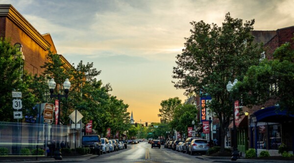 Sunset over historic buildings